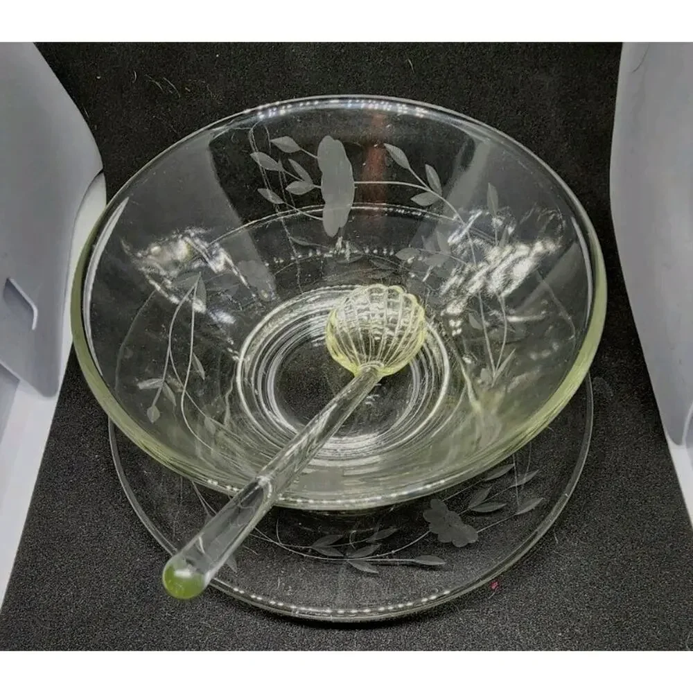 Vtg Princess House Crystal Etched Condiment Bowl plate Scalloped Spoon New w Box